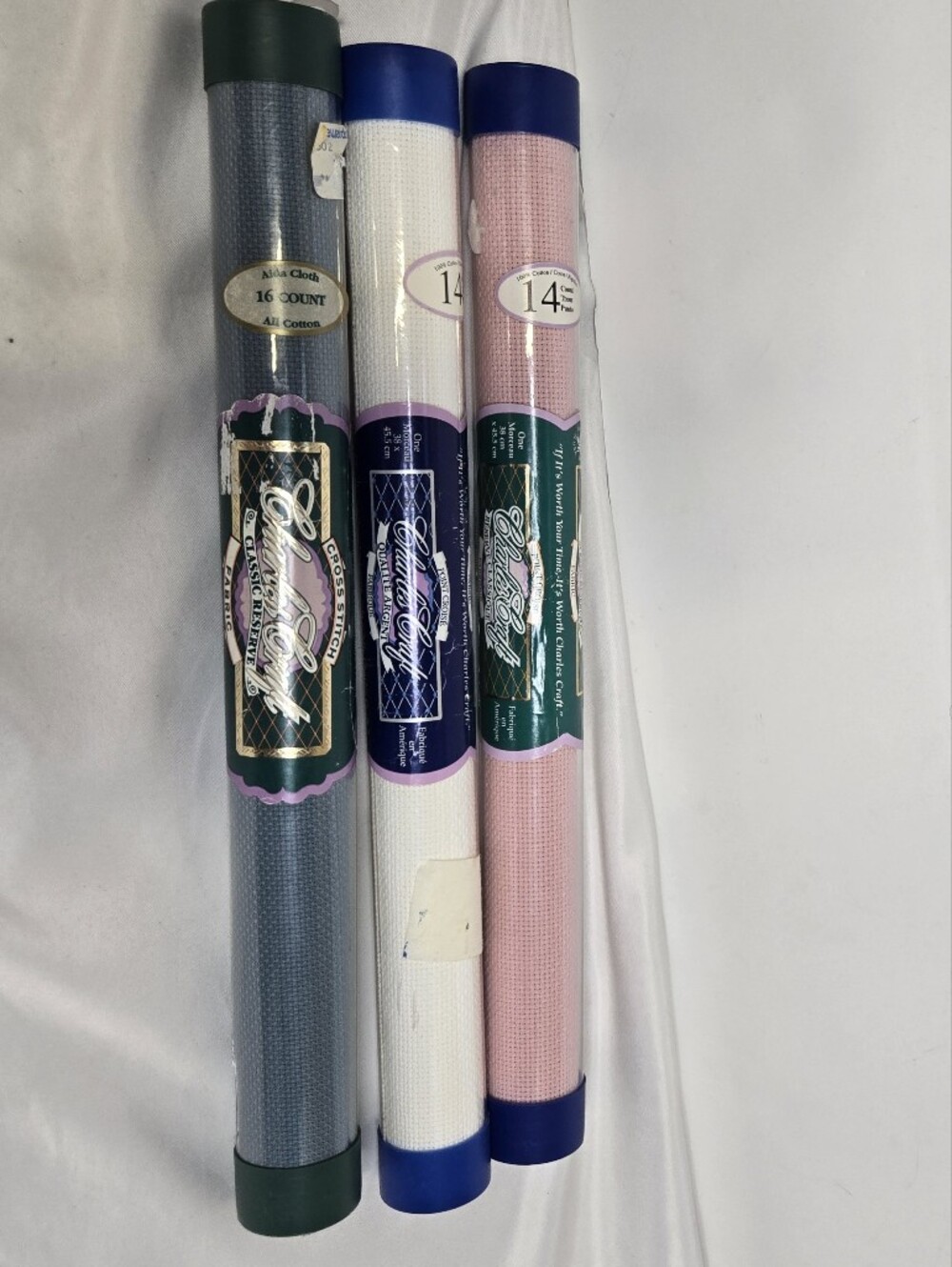 NEW Vintage Charles Craft 14 16 count aida cross stitch cloth pink blue white